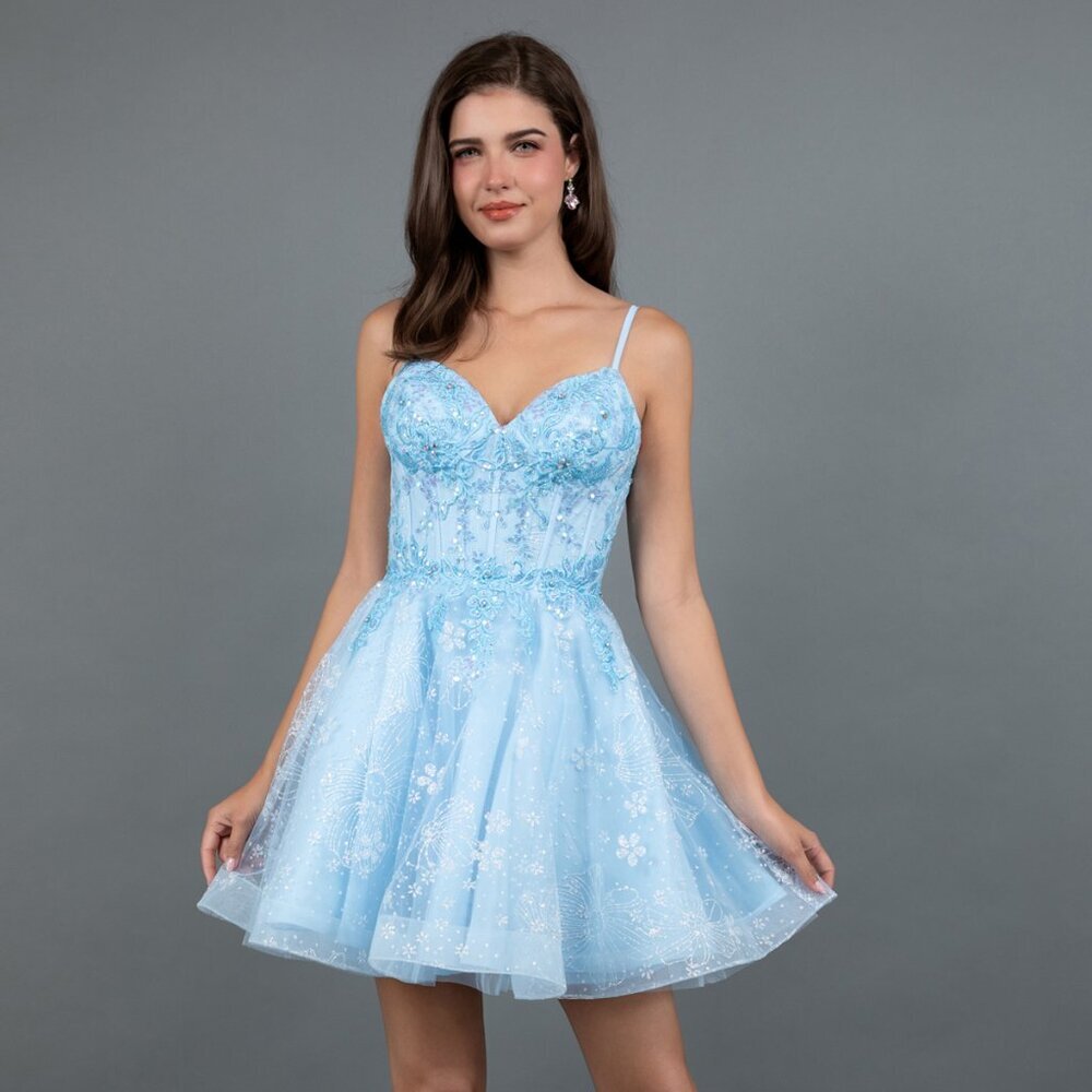 New Formal Floral Lace Embellished Mini Tulle Dress w/ V-Neckline JT985L